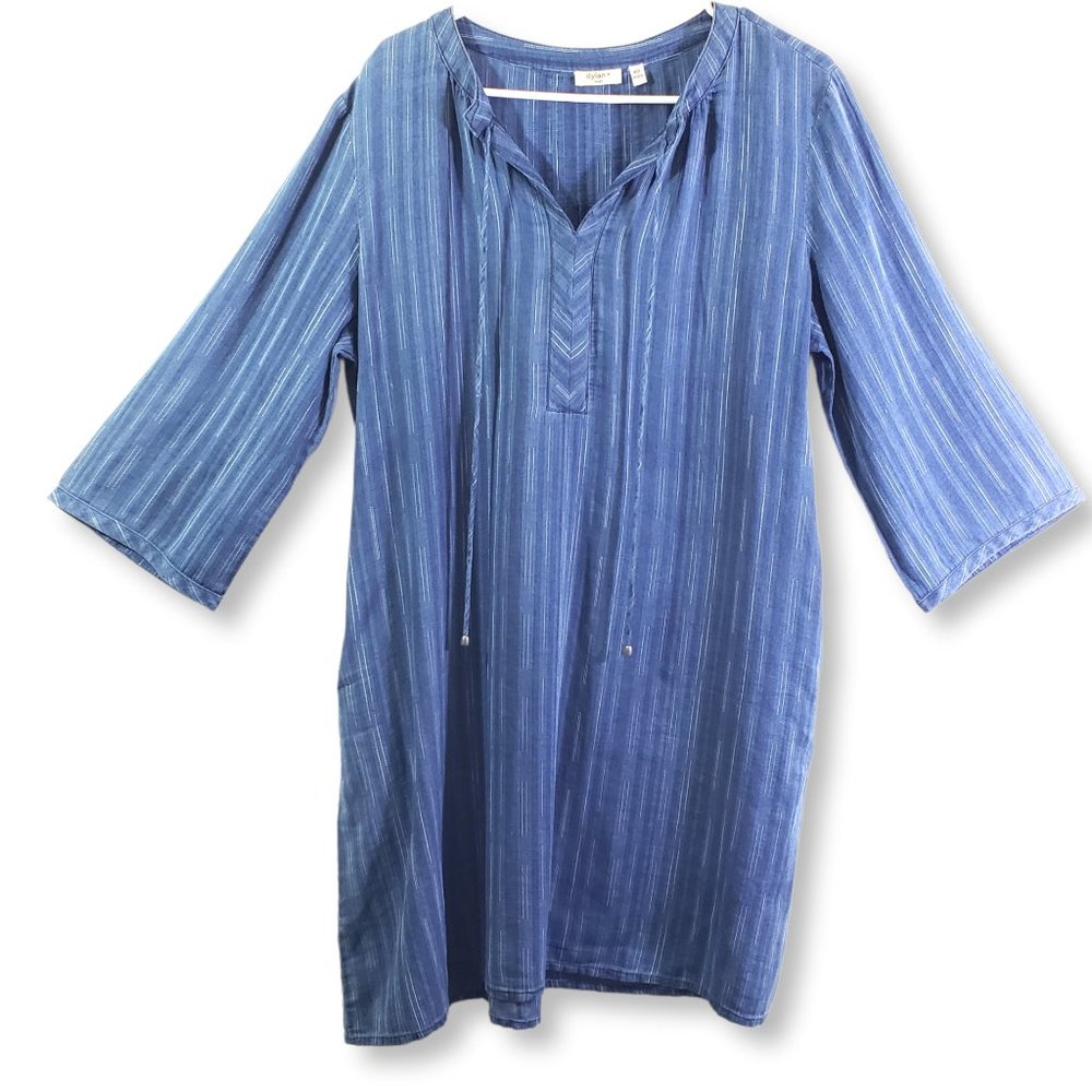 DYLAN Large Blue, White Stripe Shift, V-Neck, Pockets, 3/4 Length Sleeves Dress